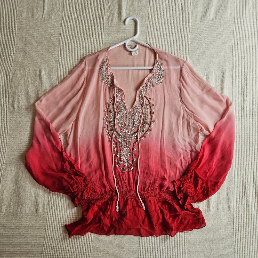 Ludi Pink Red Ombre Beaded Desert Boho Smocked Waist Long Sleeve Festival Top XL - Picture 2 of 12